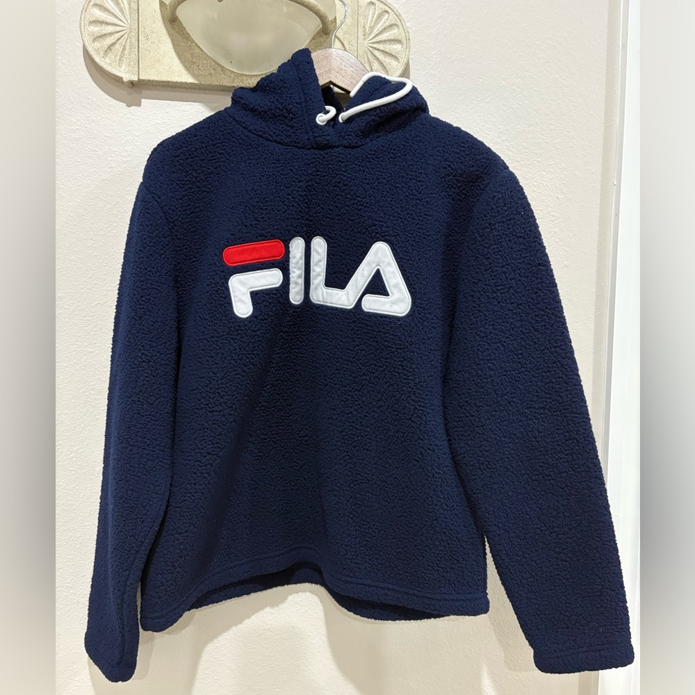FILA Sherpa Fleece Hoodie Pullover • Navy Blue • Logo Front